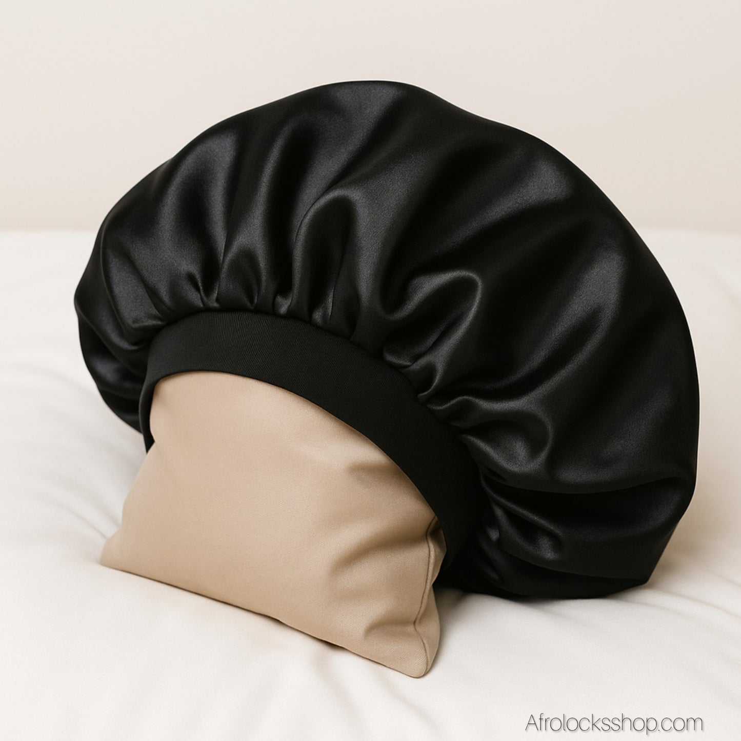 Bonnet en satin noir élastiqué – Confort & protection cheveux anti-frisottis