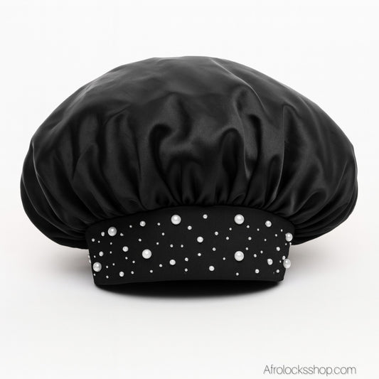 Bonnet satin noir extensible pour cheveux volumineux – bande élastiquée & strass – anti-friction nuit & jour