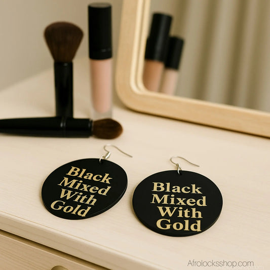 Paire de boucles en bois noir avec statement afro ecrit black mixed with gold
