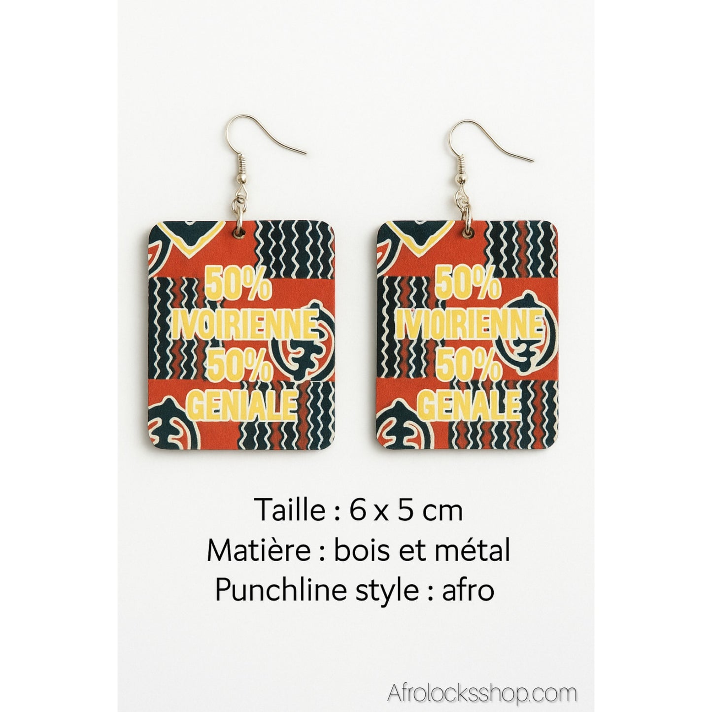 Boucles d’oreilles “50% Ivoirienne 50% Géniale” – grand format léger (6×5 cm)