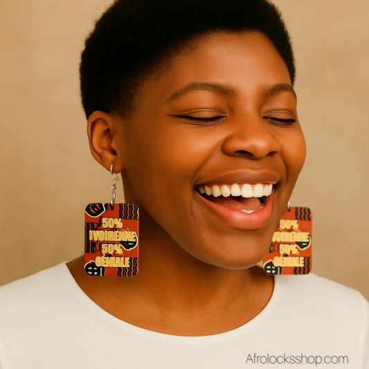 Boucles d’oreilles “50% Ivoirienne 50% Géniale” – grand format léger (6×5 cm)