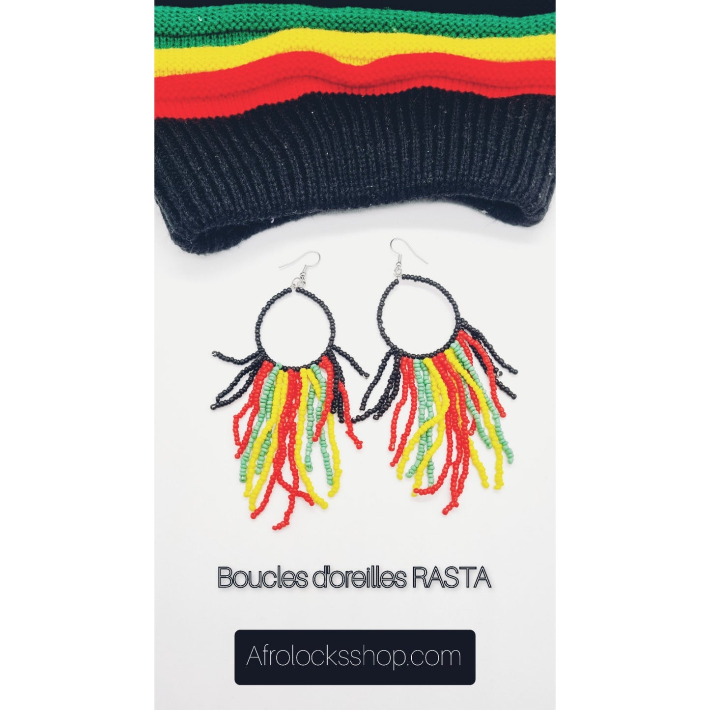 🌈 Boucles d’oreilles perles Rasta – pendantes 9 cm (noir • rouge • jaune • vert)