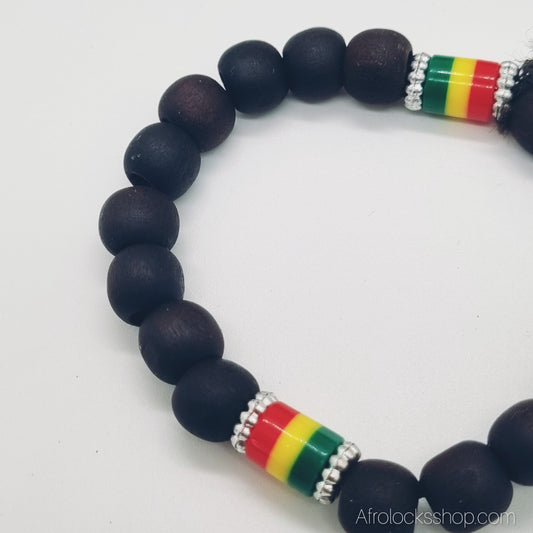 Bracelet Rasta – perles noires & tubes ❤️💛💚 avec strass – élastiqué (unisexe)