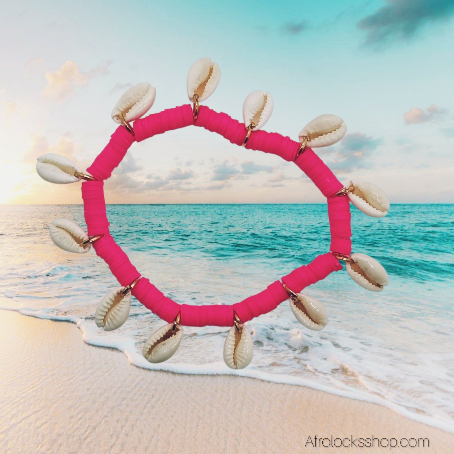 Bracelet cauris élastique – poignet & cheville – 3 coloris (rose, jaune, blanc)