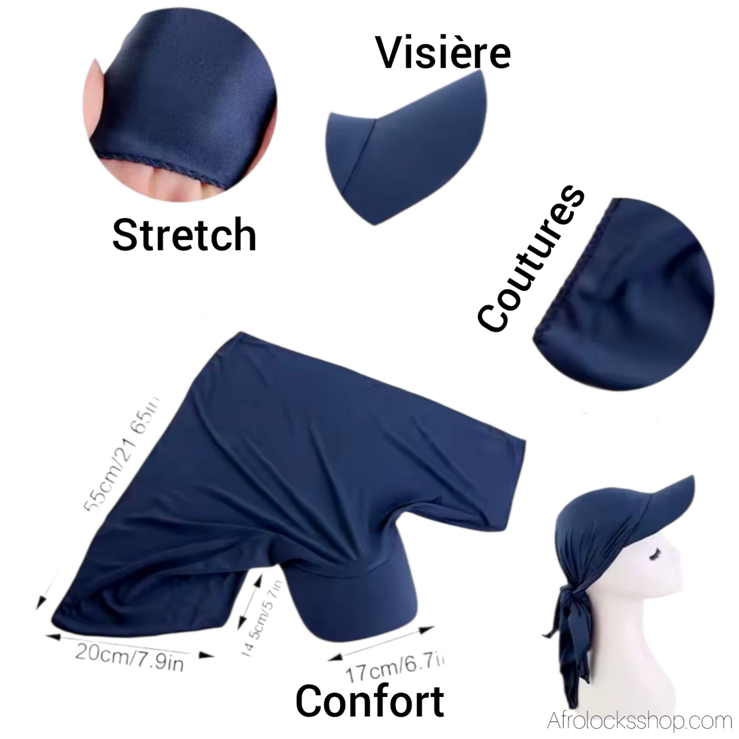 Casquette turban stretch noire – visière & grand volume 🧢