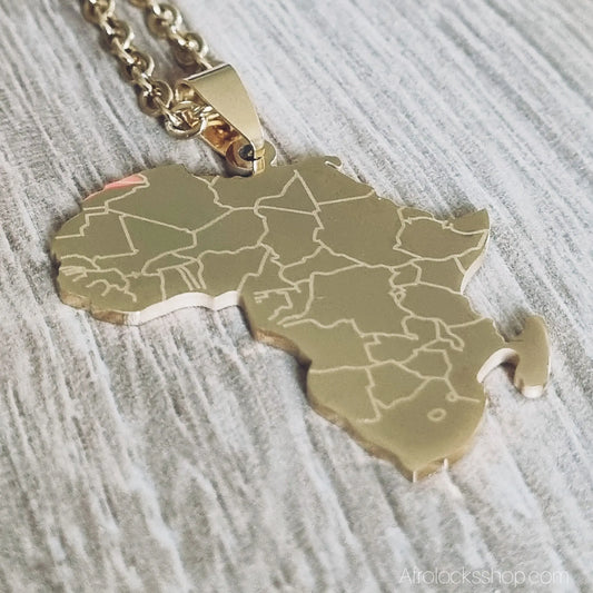 Collier Afrique–Madagascar doré – acier inoxydable gravé des pays – chaîne 50 cm Afro Locks Shop