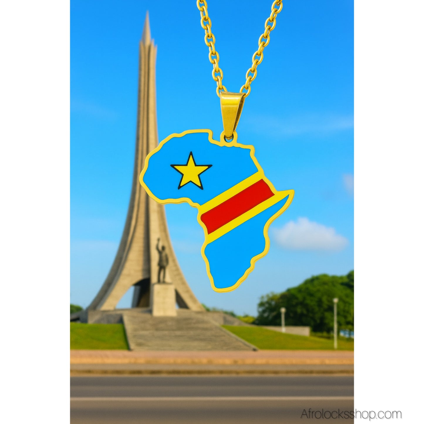 Collier Carte d’Afrique – Couleurs RDC 🇨🇩 – Acier inoxydable 316L, chaîne 50 cm