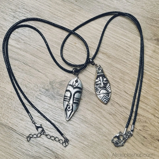 Collier “Masque Africain” – cordon fin noir, pendentif métal (2 modèles) ✨ Afro Locks Shop