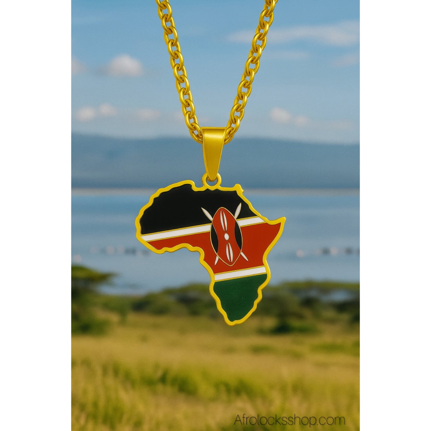 Collier Carte d’Afrique – Drapeau du Kenya (Acier inox 316L doré) – Chaîne 50 cm