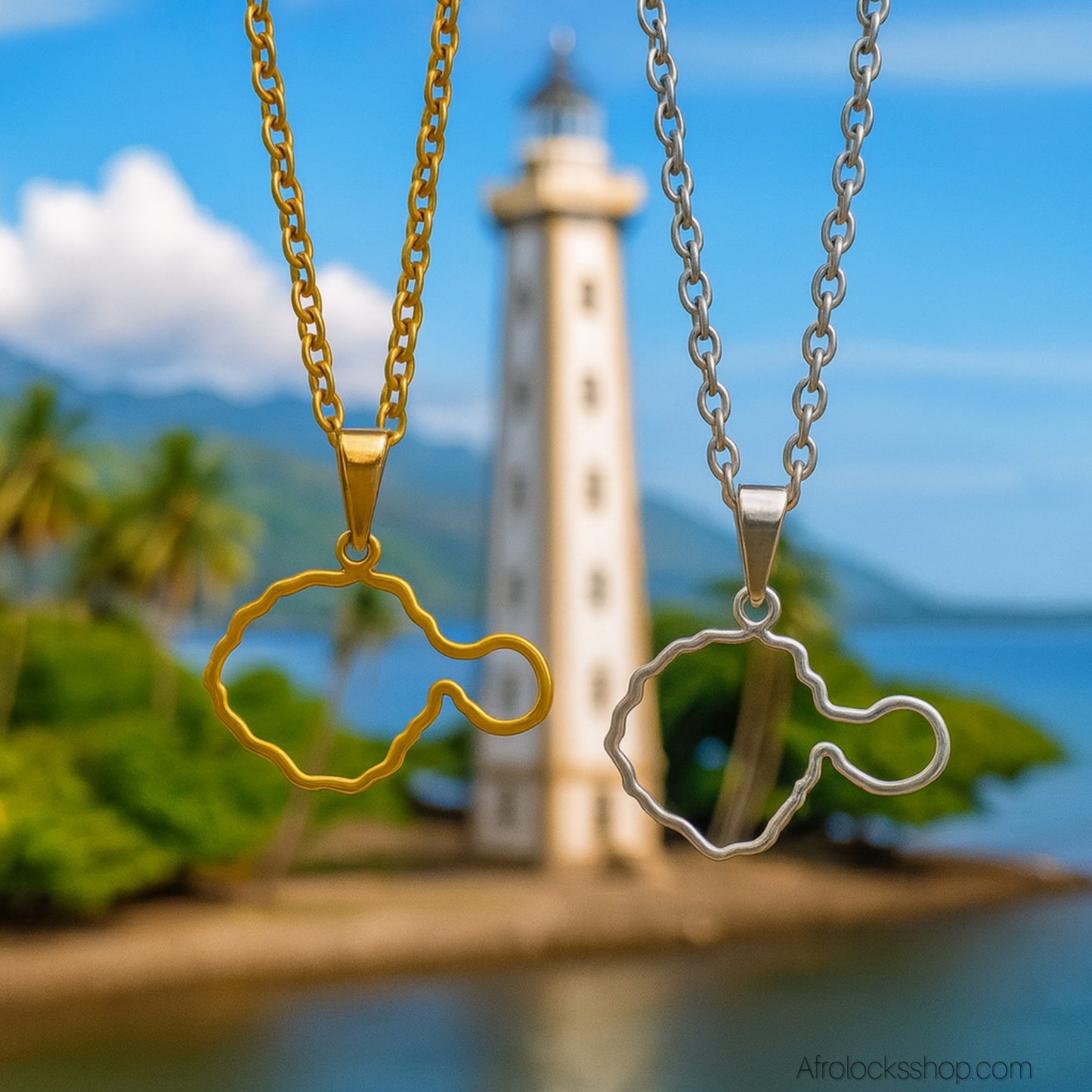 Collier Carte de Tahiti – Acier inoxydable 316L (Doré ou Argenté) – Chaîne 50 cm