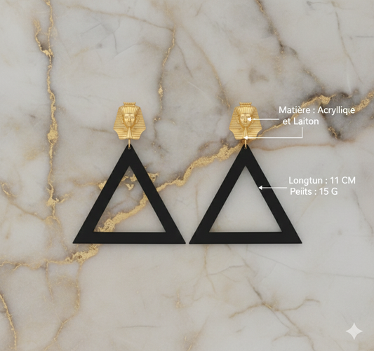 Boucles d'Oreilles Pharaon "Triangle Royal" - Noir & Or - 11 cm