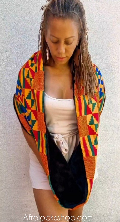 Snood écharpe en wax et doublure fausse fourrure