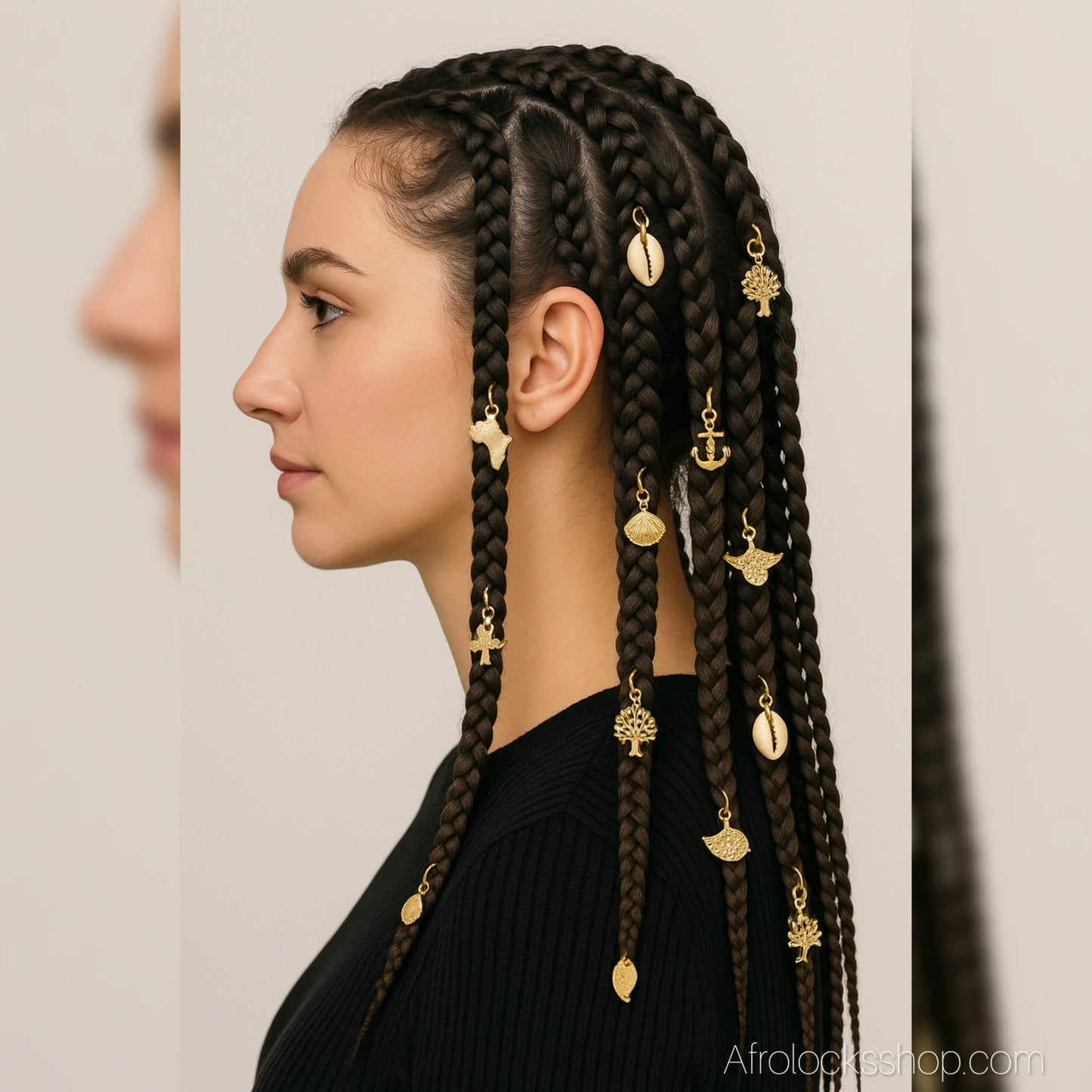 Lot 50 anneaux bijoux cheveux dorés – mix charms (cauris naturels, Afrique, arbre de vie, feuilles + anneaux simples)