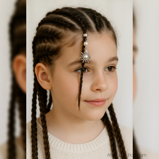 Manchette de cheveux “Soleil” – zinc argenté & perle (6 cm)