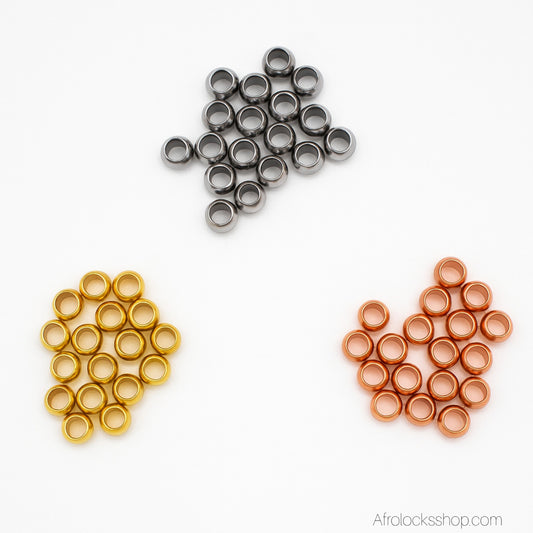 Perles spéciales microlocks & sisterlocks – inox (lot de 20) – 5 tailles de trou – argent/or/or rose – or PVD sur 2 & 3 mm