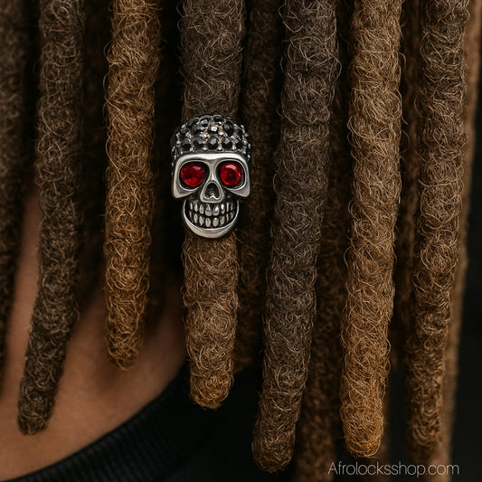 Perle tête de mort – acier inoxydable 316L + strass (trou 6 mm)