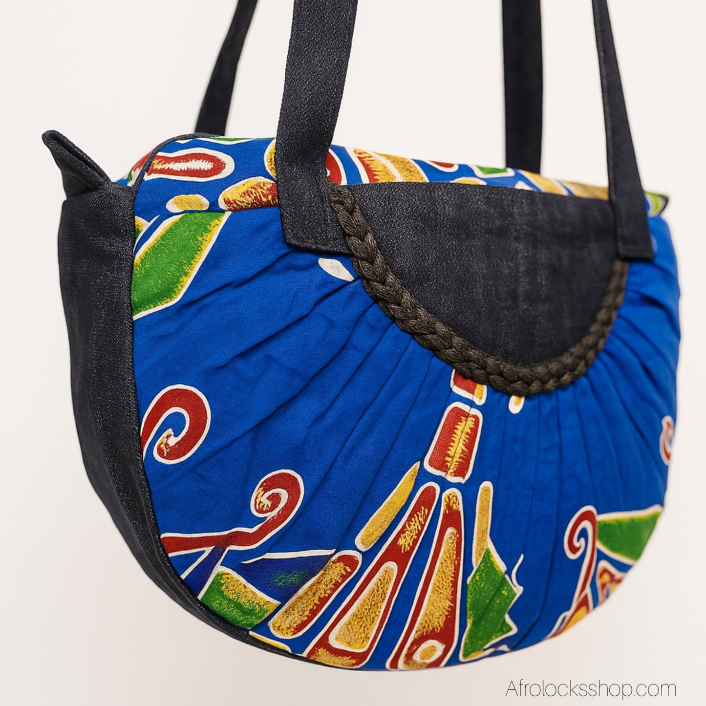 Sac bandoulière wax bleu & jean – pièce unique (35×29 cm) – fronces & fermeture zippée – fait main en France