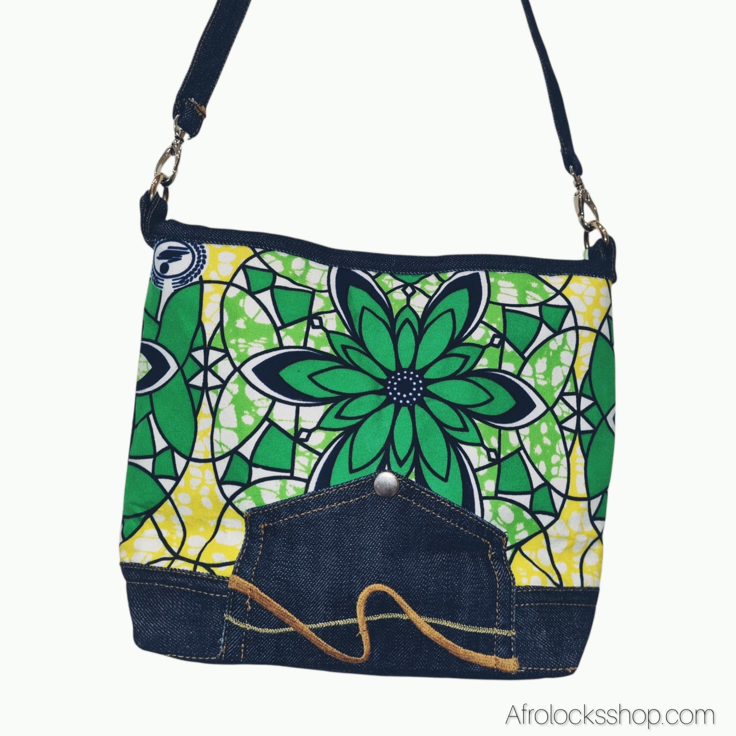 Sac bandoulière wax & jean – pièce unique (28×20 cm) – fait main en France