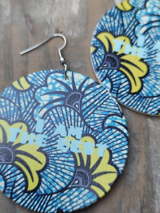 Boucles d'oreilles I am the best - imprimé tissu africain bleu jaune kente wax
