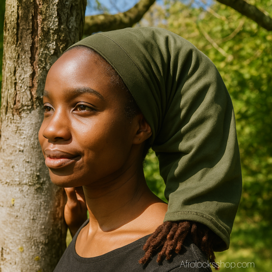 bonnet pour dreadlocks ouvert des deux cotes pour effet confortable unisexe vu porte par une femme noire