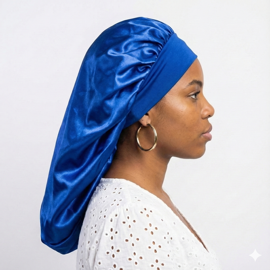 Femme avec des cheveux afro ou locks longs avec un bonnet en satin le meilleur choix