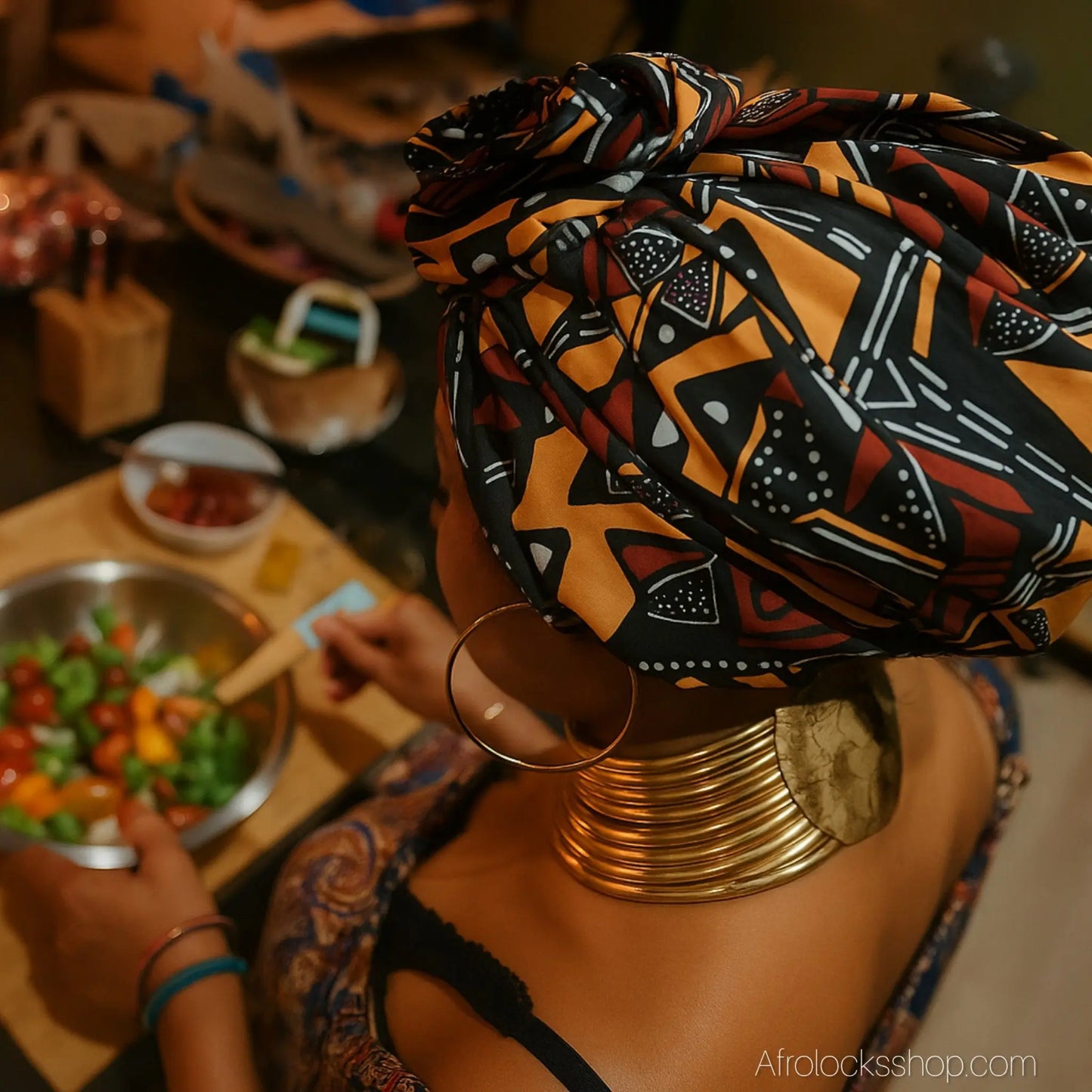 bonnet turban pre attache imprime afro vu porte par une femme noire sur une photo lifestyle