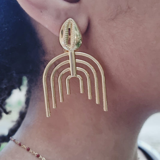 boucles d'oreilles en metal dore vu porte sur une femme