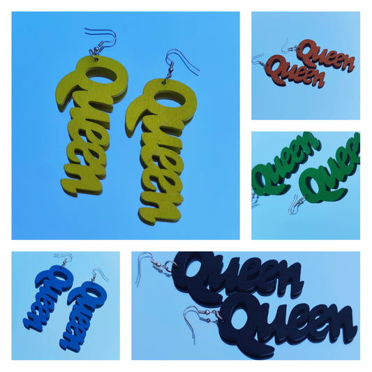 Boucles d'oreilles inscription queen reine en bois plusieurs couleurs-SQ6250771