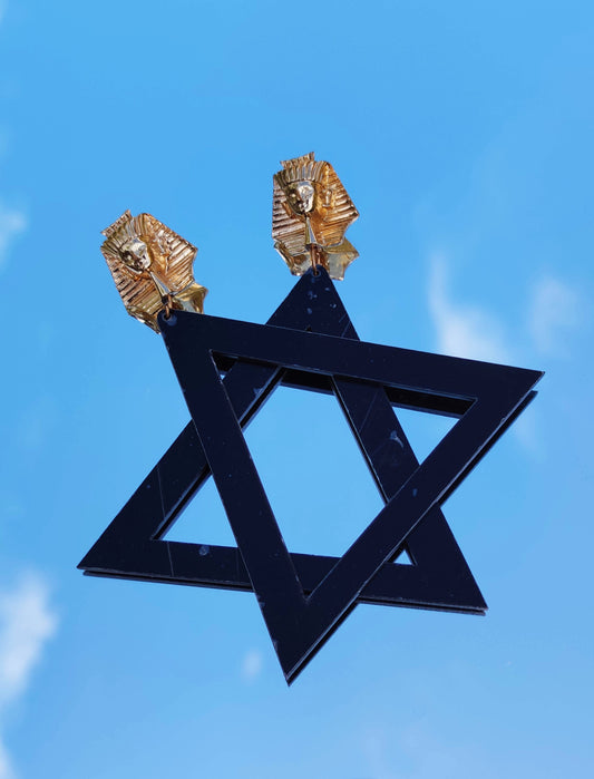 Boucles d'oreilles géantes sphinx triangle noir géométriques mythologie egyptienne afrocentrique