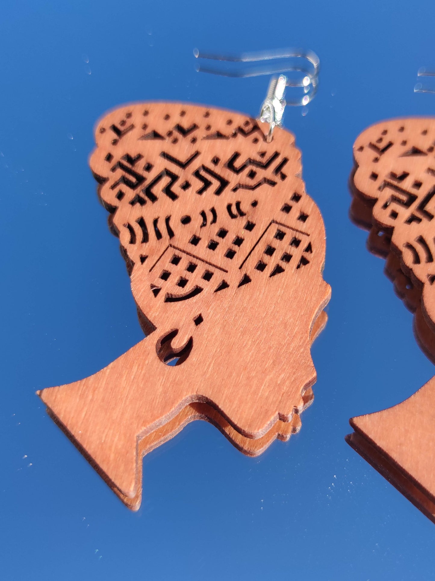 Boucles d'oreilles en bois reine africaine femme au turban Nefertiti Egyptienne-SQ6343606