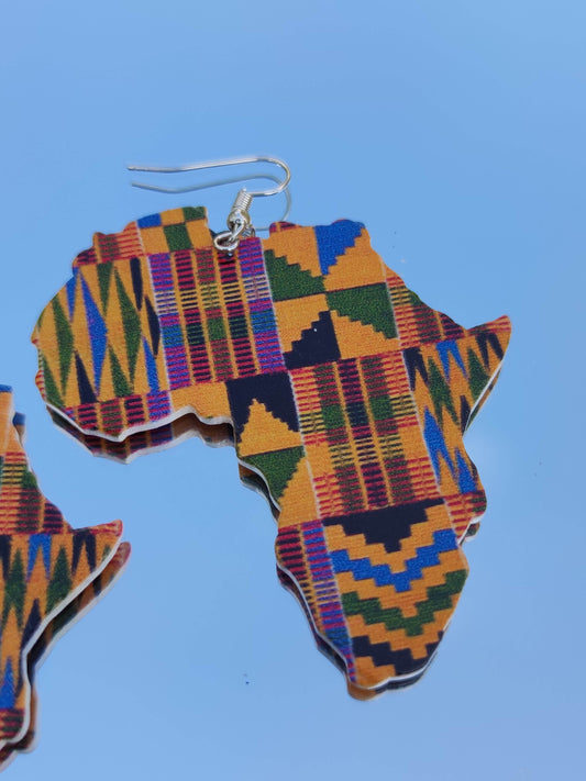 Boucles d'oreilles continent Afrique sur imprimé motif africain tissu pagne wax kente