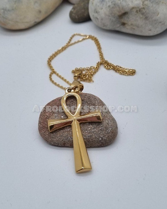 Chaîne acier inoxydable or et son pendentif croix de vie ankh