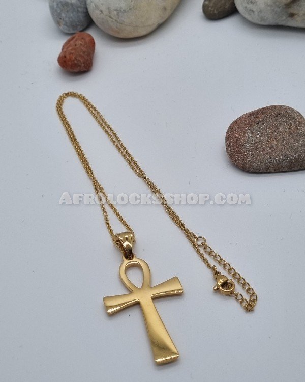 Chaîne acier inoxydable or et son pendentif croix de vie ankh