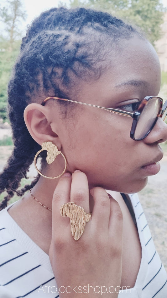 Ensemble bague et boucles d'oreilles Afrique Adinkra Cauris