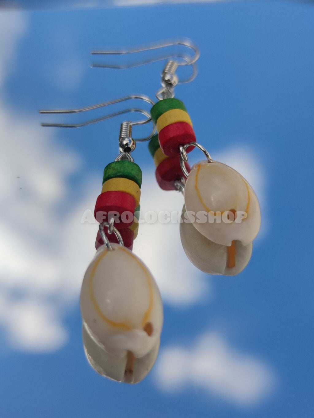 Boucles d'oreilles cauris rasta - coquillage conque naturelle vert jaune rouge Afrique