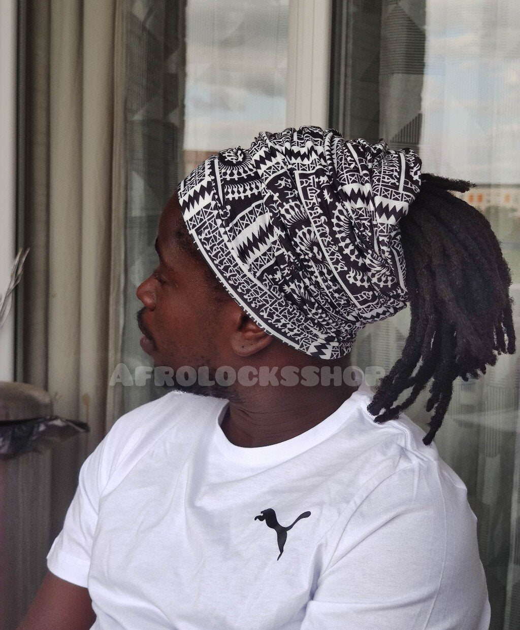 Bandeau tube pour dreadlocks turban imprimé noir et blanc keffieh rasta