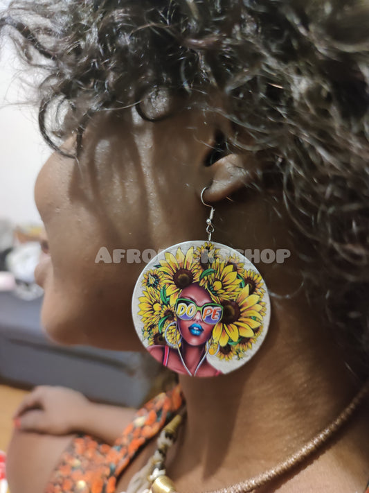 Boucles d'oreilles afro soleil - tournesol femme noire cheveux naturels nappy hair dope
