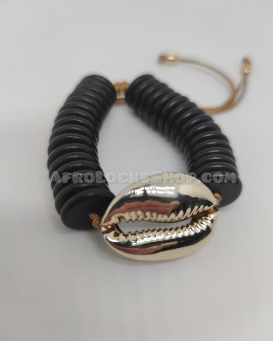 Bracelet noir grand coquillage cauri doré