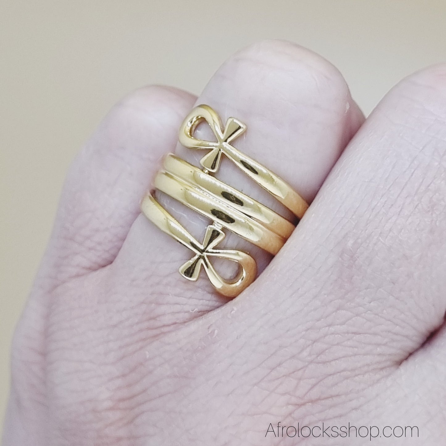 Bague Ankh en inox doré – triple anneau ✨ inspiration bijou kemit (unisexe)