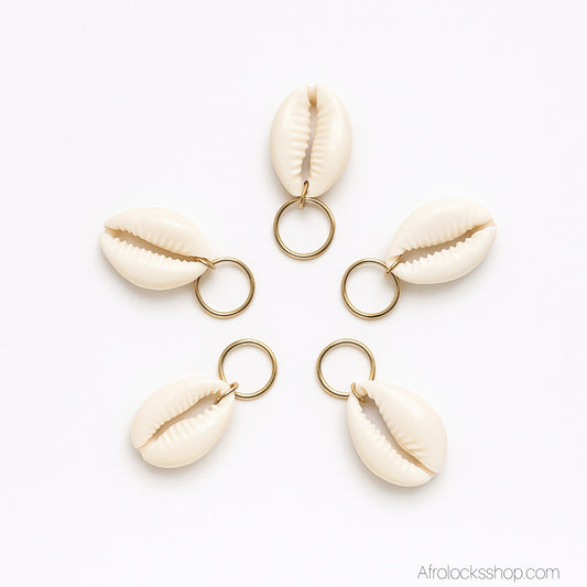 Bijoux cauris XL sur anneaux dorés – lot de 5 pour locks & tresses