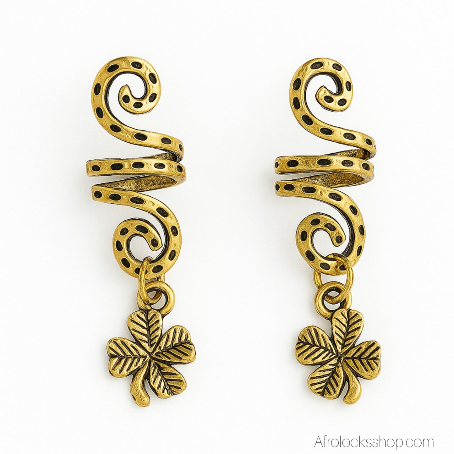 Bijoux de locks porte-bonheur – lot de 2 spirales dorées trèfle à 4 feuilles (trou 7 mm)