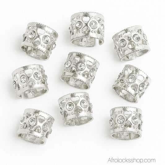 Manchettes à cheveux argentées strassées – lot de 20 bagues pour locks, tresses ou braids (10×14 mm)