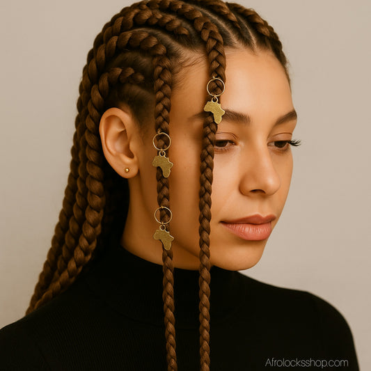 Lot 3 bijoux cheveux carte d’Afrique – anneau 10 mm – bronze antique (locks & grosses tresses)