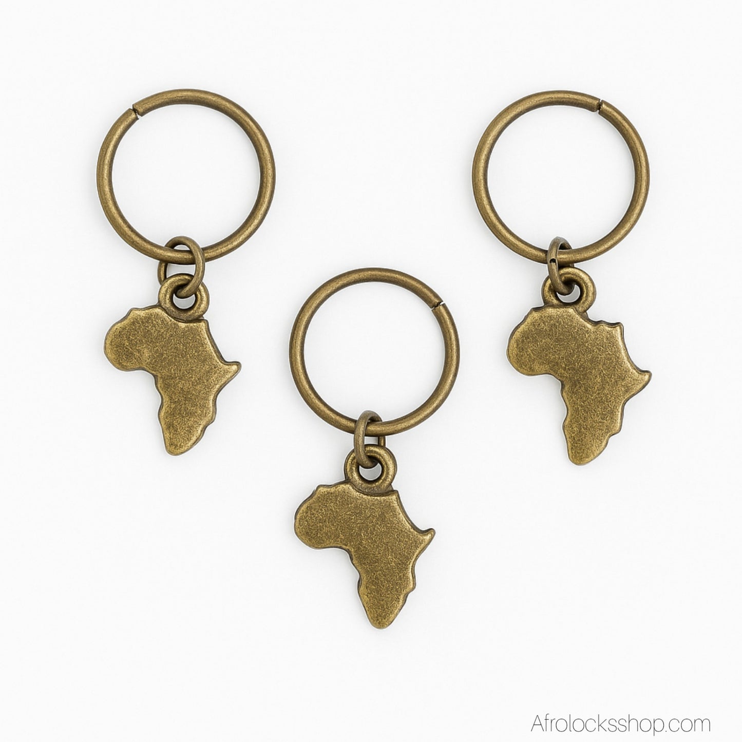 Lot 3 bijoux cheveux carte d’Afrique – anneau 10 mm – bronze antique (locks & grosses tresses)