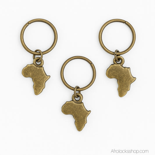 Lot 3 bijoux cheveux carte d’Afrique – anneau 10 mm – bronze antique (locks & grosses tresses)