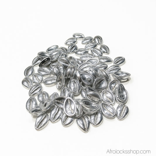 Cauris argentés à coudre pour locks/tresses – 30 g (≈70–90 pièces)