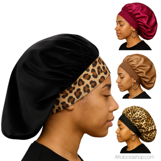 bonnet en satin leopard noir rouge vue generale