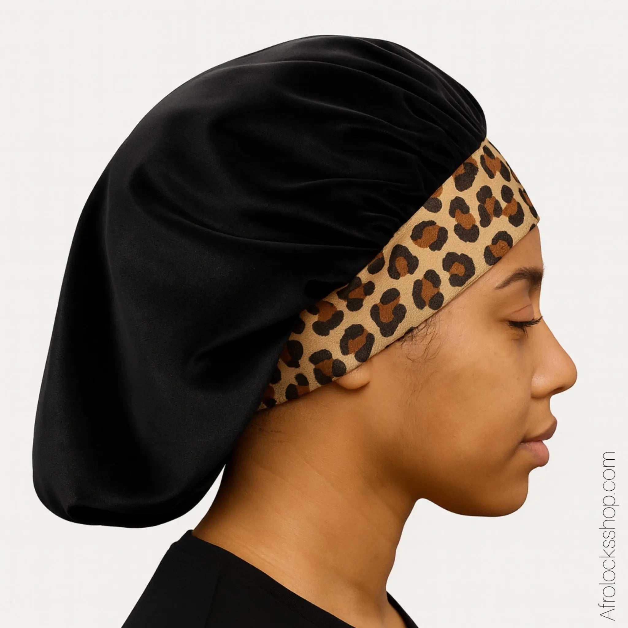 Bonnet-satin-noir-leopard-bande-large - Afro Locks Shop