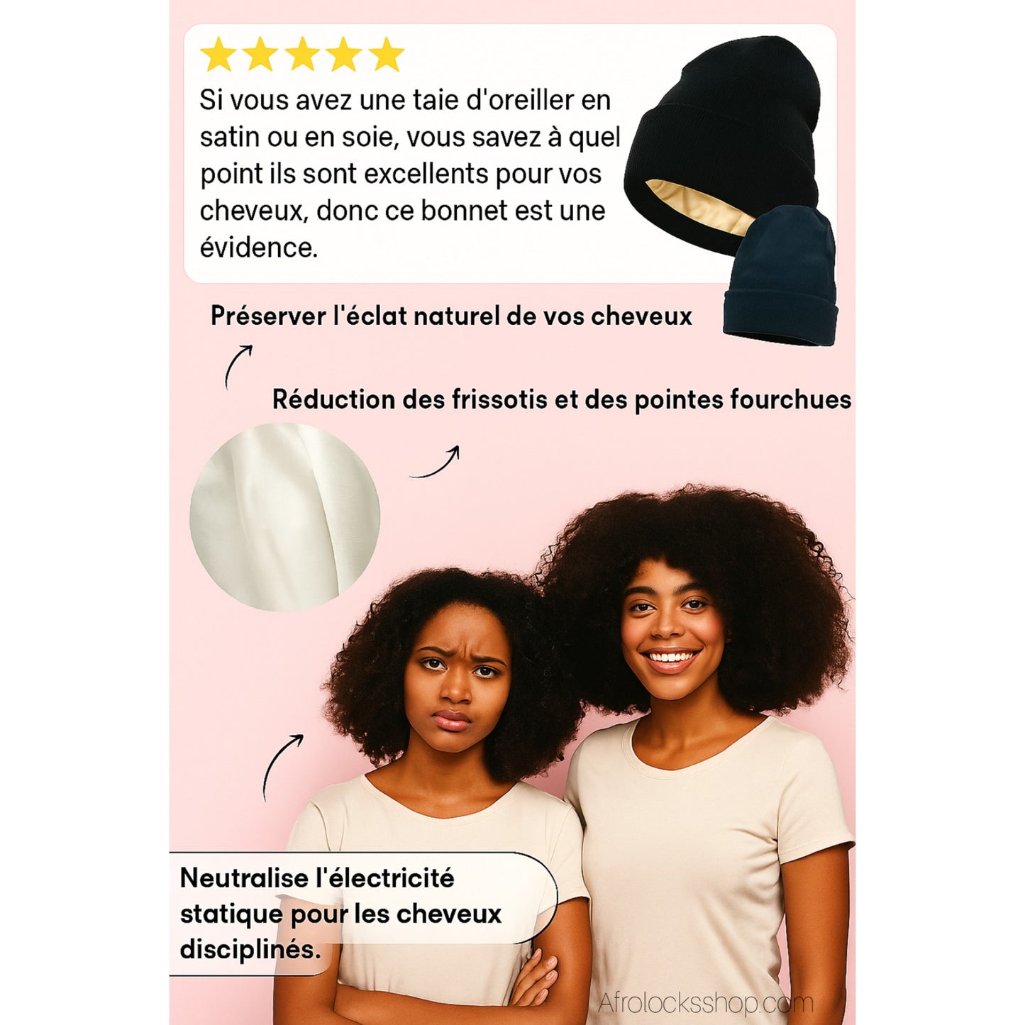 Bonnet d’hiver doublé satin – noir, stretch, unisexe, taille unique