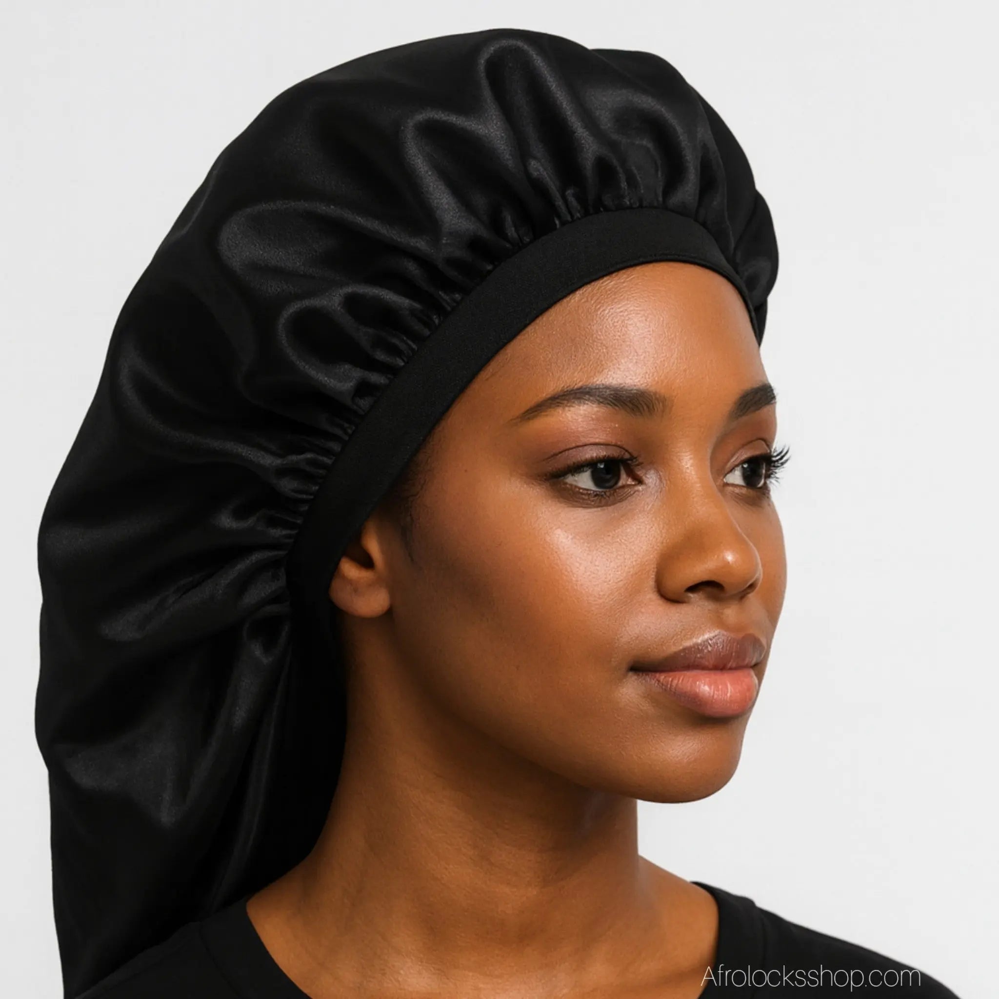 Bonnetsatin-noir-bande-stretch-vue-face - Afro Locks Shop